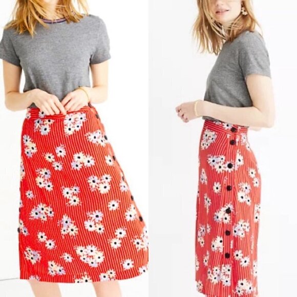 Madewell Womens NWT Red Stripe Daisy Society Side-Button Knee Length Skirt Sz 16 - Picture 1 of 10